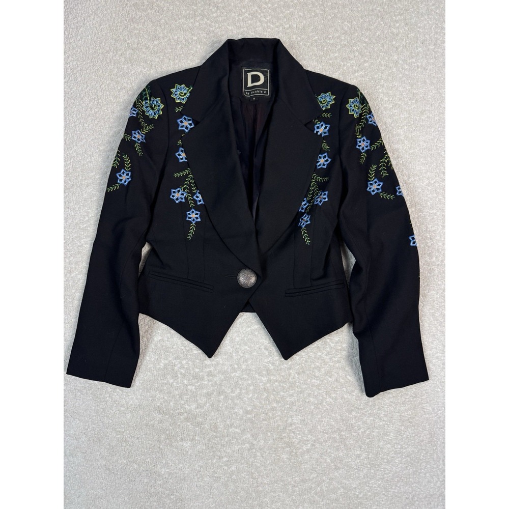 Double D Black Wool Western Jacket Flower Embroidery Big Button Boho Size 4‎